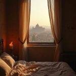 A dimly lit, modest bedroom designed in Roman architecture reveals a small window framed by sheer drapes. The flickering light of a torch casts a warm hue over the stone walls. Through the window, the distant skyline of Rome emerges, with the familiar outlines of grand temples and triumphal arches piercing the early dawn sky. The silhouette of the Colosseum stands majestic, hinting at the bustling life forming below. A gentle breeze carries the sounds of the awakening city—the clattering of horse hooves on cobblestone, the distant chatter of merchants setting up stalls.