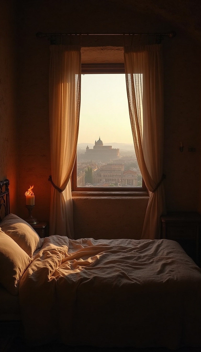 A dimly lit, modest bedroom designed in Roman architecture reveals a small window framed by sheer drapes. The flickering light of a torch casts a warm hue over the stone walls. Through the window, the distant skyline of Rome emerges, with the familiar outlines of grand temples and triumphal arches piercing the early dawn sky. The silhouette of the Colosseum stands majestic, hinting at the bustling life forming below. A gentle breeze carries the sounds of the awakening city—the clattering of horse hooves on cobblestone, the distant chatter of merchants setting up stalls.