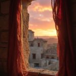A close-up of a tiny bedroom window with weathered wood, revealing a dusky sky painted in vibrant hues of orange and purple as the sun sets. The silhouettes of terracotta rooftops and ancient stone arches are visible in the background. A slight breeze rustles the Roman motifs of the curtains, while filtered sunlight casts warm patterns on the earthen floor, creating an atmosphere thick with anticipation and hinting at the bustling life outside.