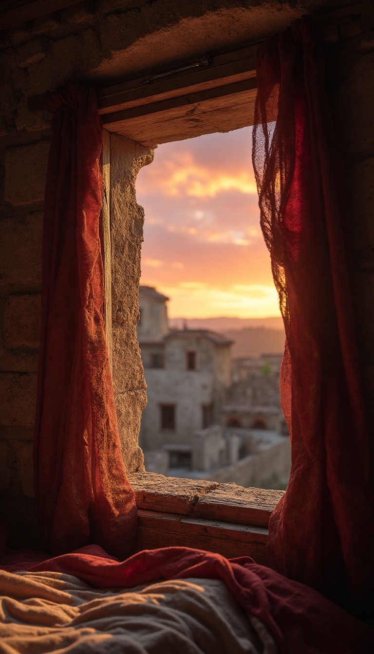 A close-up of a tiny bedroom window with weathered wood, revealing a dusky sky painted in vibrant hues of orange and purple as the sun sets. The silhouettes of terracotta rooftops and ancient stone arches are visible in the background. A slight breeze rustles the Roman motifs of the curtains, while filtered sunlight casts warm patterns on the earthen floor, creating an atmosphere thick with anticipation and hinting at the bustling life outside.
