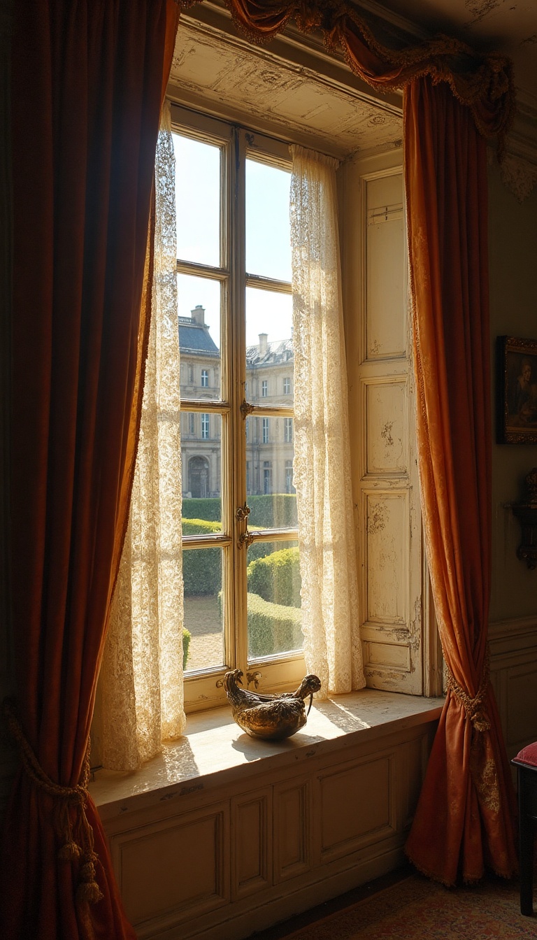 The camera pans slowly from a tiny bedroom window, framed by peeling white stucco and a lace curtain dancing gently in the breeze. Outside, the sprawling gardens of Versailles unfurl with vibrant flowers and impeccably trimmed hedges, while the distant sound of laughter and music hints at the royal festivities within. Golden sunlight filters through the tree branches, casting dappled patterns on the cobblestone courtyard below, where elegantly dressed nobles mill about, their vibrant silks and velvets flashing like jewels.