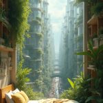 A camera pans through a narrow, half-open window of a small bedroom, revealing a breathtaking floating cityscape beyond. Streets weave through transparent glass and steel structures, layered with vibrant greenery. Sunlight floods the interior, illuminating botanical diagrams on the walls. Below, bustling skywalks are filled with tiny figures, resembling ants amidst a rich tapestry of nature and technology, while the hum of flying vehicles creates a serene atmosphere in Kieran Albright's dreaming world.