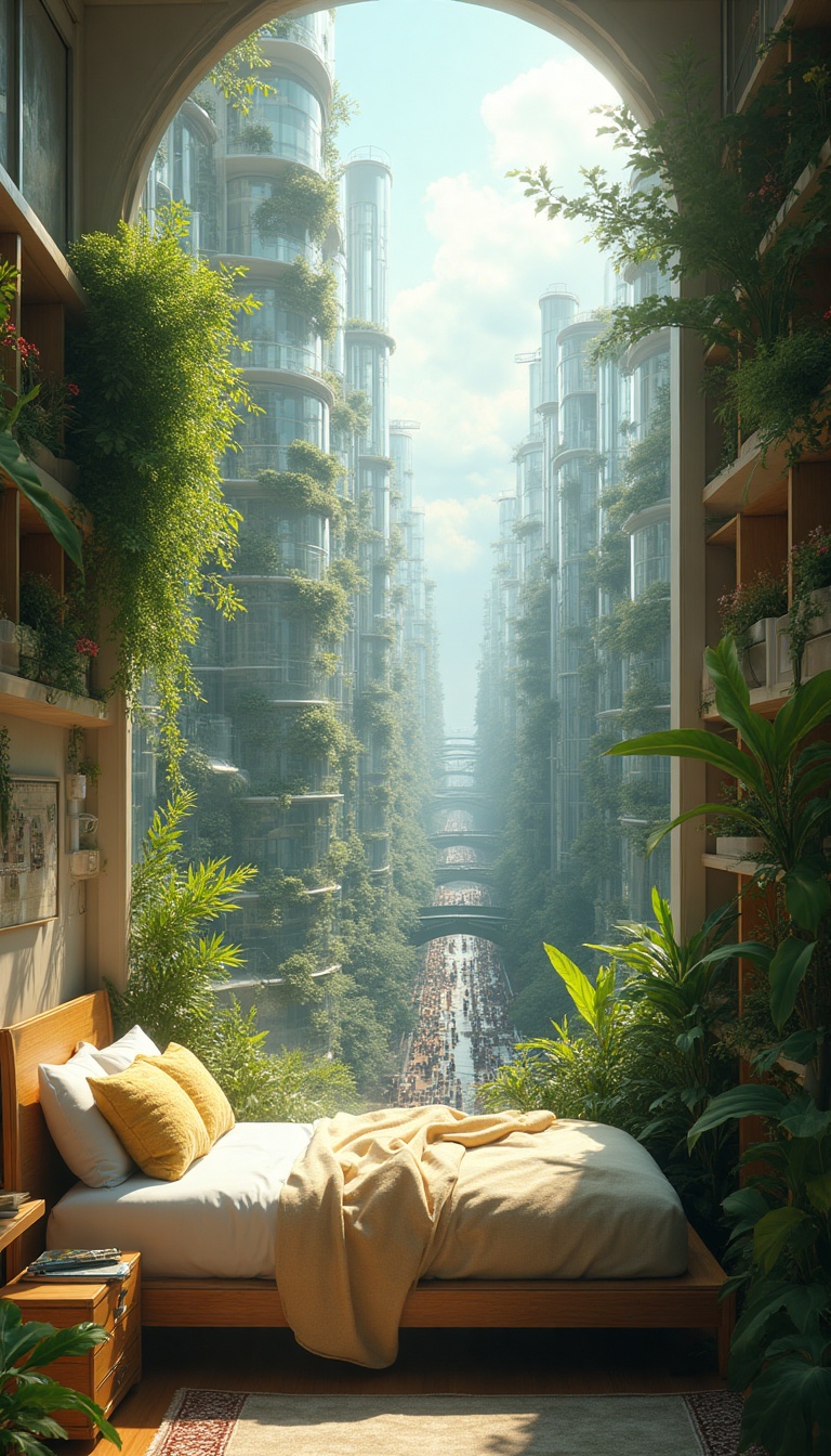 A camera pans through a narrow, half-open window of a small bedroom, revealing a breathtaking floating cityscape beyond. Streets weave through transparent glass and steel structures, layered with vibrant greenery. Sunlight floods the interior, illuminating botanical diagrams on the walls. Below, bustling skywalks are filled with tiny figures, resembling ants amidst a rich tapestry of nature and technology, while the hum of flying vehicles creates a serene atmosphere in Kieran Albright's dreaming world.