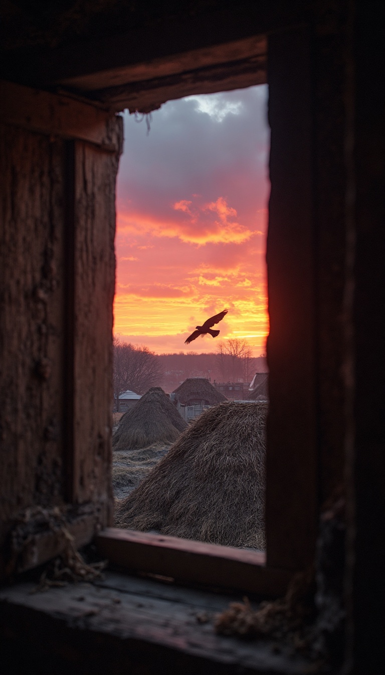 The scene opens with a narrow view framed by a small wooden window, revealing the vibrant hues of the twilight sky—a blend of crimson and gold as the sun sets over the Viking settlement. Outside, thatched roofs dot the horizon, smoke spiraling upwards from various forges and hearths. The embers of day transition into a deepening blue dusk, and shadows stretch across the rugged landscape, hinting at the approaching night. A solitary raven flies past, silhouetted against the fiery sky, setting the tone of anticipation and tension.