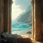 The dim light of dawn filters through a tiny square window, illuminating a modest sleeping space with rough stone walls slightly damp from the ocean's breath. A woven rug lies beneath a simple straw bed. Outside, endless azure waves glimmer under the awakening sun, while remnants of ancient pillars rise from the water. A cheerful song of distant seabirds resonates, heralding new adventures.