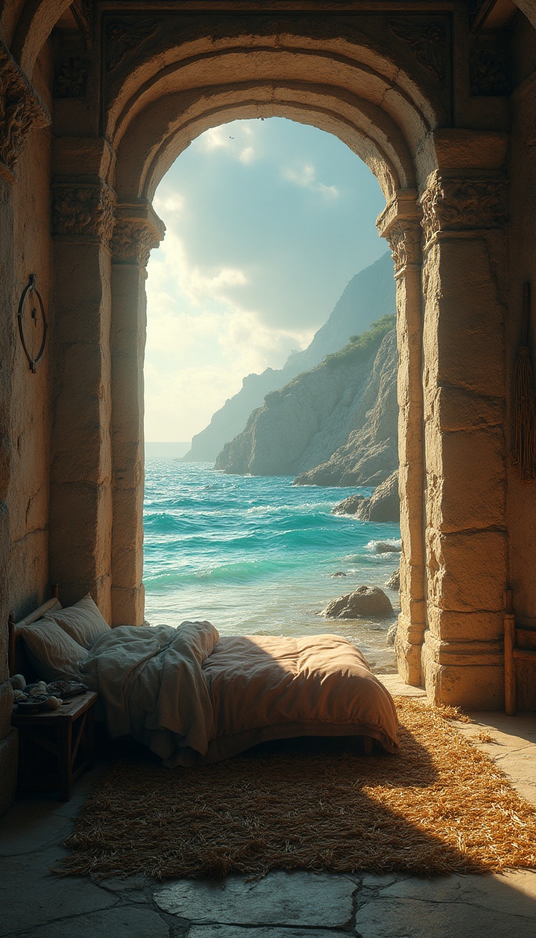 The dim light of dawn filters through a tiny square window, illuminating a modest sleeping space with rough stone walls slightly damp from the ocean's breath. A woven rug lies beneath a simple straw bed. Outside, endless azure waves glimmer under the awakening sun, while remnants of ancient pillars rise from the water. A cheerful song of distant seabirds resonates, heralding new adventures.