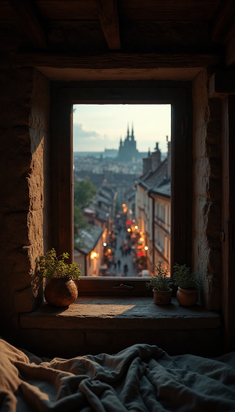 A dimly lit bedroom adorned with rustic wooden beams. From a tiny square glass window positioned high on the wall, the view is limited but captivating—a sliver of the bustling cobbled streets below, where shadows dance as townsfolk go about their evening. A golden glow from a nearby tavern casts an enchanting light, revealing glimpses of merchants wrapping up the day. The distant outline of Prague's spires looms against the twilight sky, a promise of mystery and alchemy lingering in the air.
