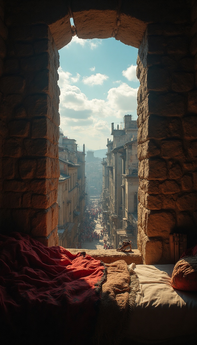 A small, dimly lit bedroom reveals a tiny square window high on a rough stone wall. The view beyond is limited: patches of blue sky peek through, swirling clouds drift lazily across the sun’s glow, and the bustling sounds of Constantinople filter through the air. Below, snippets of market life can be seen—merchants shouting, colorful silks fluttering in the breeze, and a distant call to prayer echoing through the streets. The atmosphere promises adventure and urgency, hinting at the vibrant life waiting just outside.