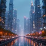 A breathtaking panoramic vista of a futuristic city skyline in 2030, showcasing gleaming skyscrapers adorned with lush vertical gardens, advanced technology, and vibrant neon lights illuminating the night sky, while a clear river reflects the twinkling cityscape, setting the stage for an urban dance performance.