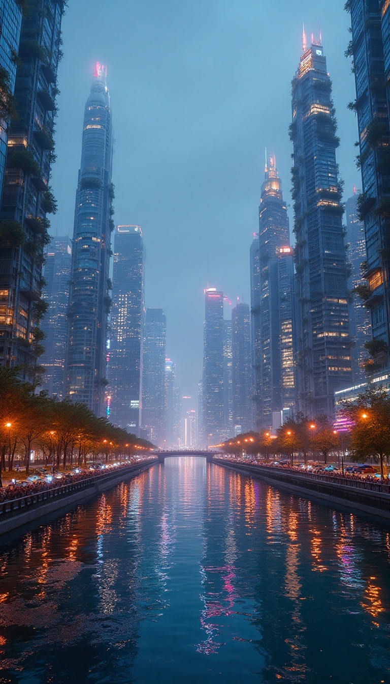 A breathtaking panoramic vista of a futuristic city skyline in 2030, showcasing gleaming skyscrapers adorned with lush vertical gardens, advanced technology, and vibrant neon lights illuminating the night sky, while a clear river reflects the twinkling cityscape, setting the stage for an urban dance performance.