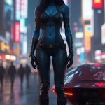 In the bustling streets of Coruscant’s urban sprawl, the stunning Chiss bounty hunter, with her deep blue skin and striking red eyes, wears a form-fitting yet functional outfit that features strategically placed armor plating. She stands confidently beside a neon-lit speeder, her sleek high-tech combat boots accentuating her toned legs. The backdrop showcases towering skyscrapers illuminated by vibrant advertisements, while her long, straight dark hair flows smoothly down her back, framing a fierce expression that hints at her cunning and determination. She is standing facing the camera, showing her body from head to toe. Her big beautiful expressive eyes are looking straight at you. Straight-on shot. Frontal shot. Direct address or direct-to-camera shot.