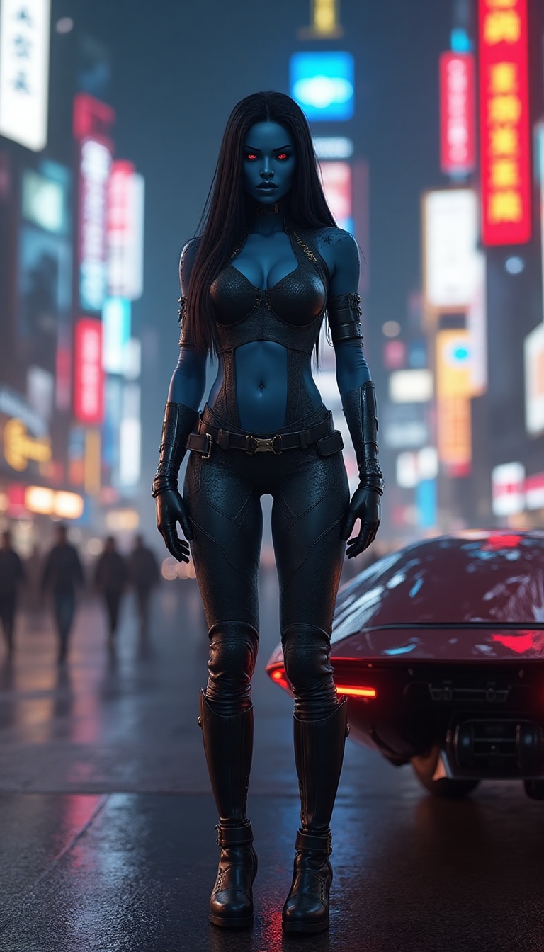 In the bustling streets of Coruscant’s urban sprawl, the stunning Chiss bounty hunter, with her deep blue skin and striking red eyes, wears a form-fitting yet functional outfit that features strategically placed armor plating. She stands confidently beside a neon-lit speeder, her sleek high-tech combat boots accentuating her toned legs. The backdrop showcases towering skyscrapers illuminated by vibrant advertisements, while her long, straight dark hair flows smoothly down her back, framing a fierce expression that hints at her cunning and determination. She is standing facing the camera, showing her body from head to toe. Her big beautiful expressive eyes are looking straight at you. Straight-on shot. Frontal shot. Direct address or direct-to-camera shot.