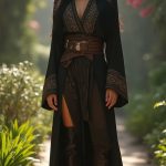 The Mirialan woman stands confidently in the lush gardens of the Jedi Temple on Coruscant, dressed in form-fitting Jedi robes featuring intricate gold embroidery and sleek leather boots. Her long, straight black hair flows elegantly past her shoulders, framing her warm smile as she admires blooming flowers around her, embodying both beauty and wisdom in the tranquil setting of High Republic Era. She is standing facing the camera, showing her body from head to toe. Her big beautiful expressive eyes are looking straight at you. Straight-on shot. Frontal shot. Direct address or direct-to-camera shot.