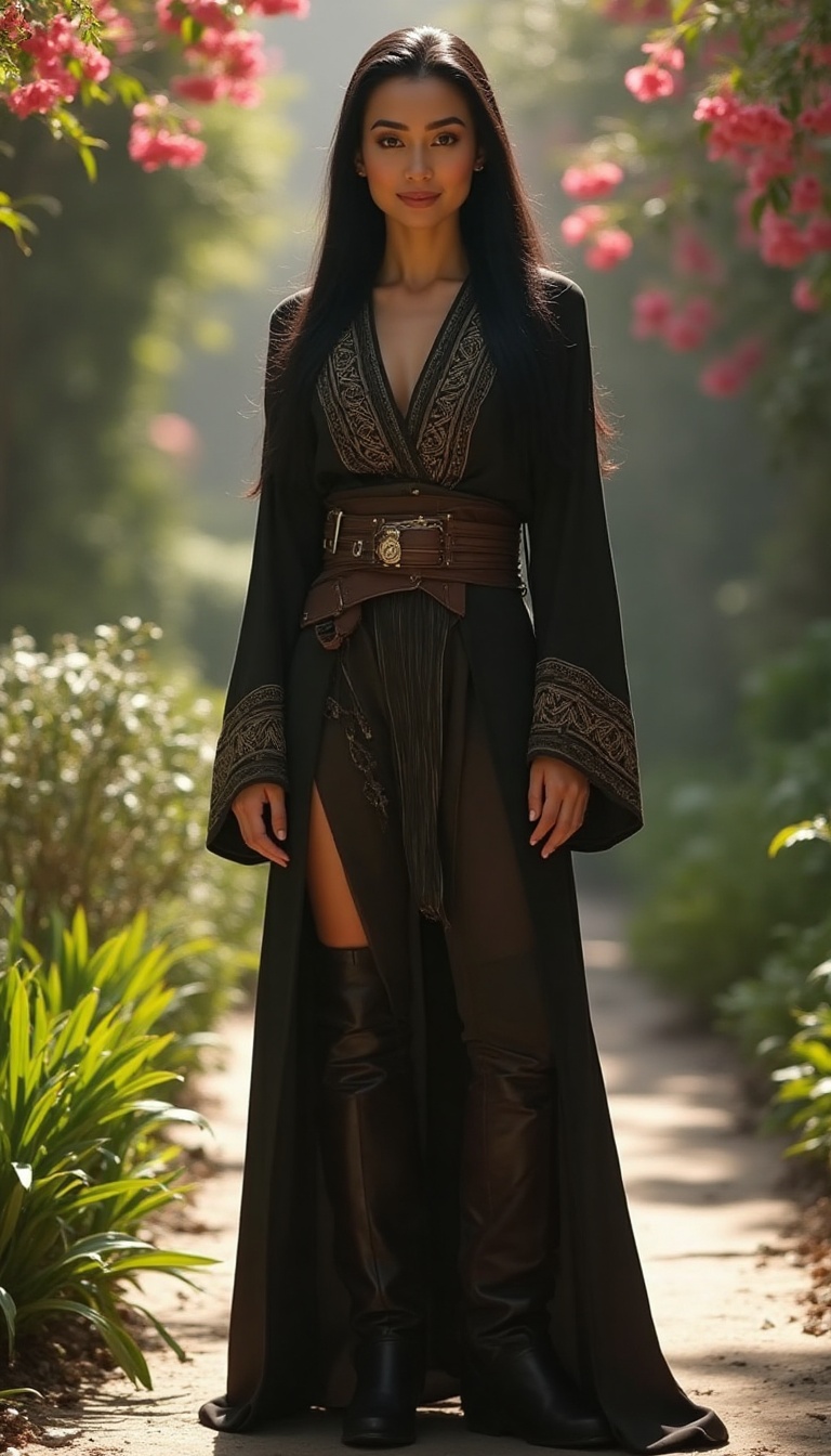 The Mirialan woman stands confidently in the lush gardens of the Jedi Temple on Coruscant, dressed in form-fitting Jedi robes featuring intricate gold embroidery and sleek leather boots. Her long, straight black hair flows elegantly past her shoulders, framing her warm smile as she admires blooming flowers around her, embodying both beauty and wisdom in the tranquil setting of High Republic Era. She is standing facing the camera, showing her body from head to toe. Her big beautiful expressive eyes are looking straight at you. Straight-on shot. Frontal shot. Direct address or direct-to-camera shot.