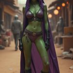 A stunningly beautiful Twi'lek woman stands confidently in the bustling market of Tatooine, wearing a form-fitting and slightly revealing combat outfit accentuated by sleek black combat boots, perfect for her role as a Rebel Spy. Her green skin contrasts dramatically with her flowing, luminescent purple lekku, framing her face adorned with striking makeup that emphasizes her big, expressive eyes. The chaotic backdrop of moisture vaporators and Adobe structures showcases the rustic beauty of the desert planet, adding to her mystique. She is standing facing the camera, showing her body from head to toe. Her big beautiful expressive eyes are looking straight at you. Straight-on shot. Frontal shot. Direct address or direct-to-camera shot.