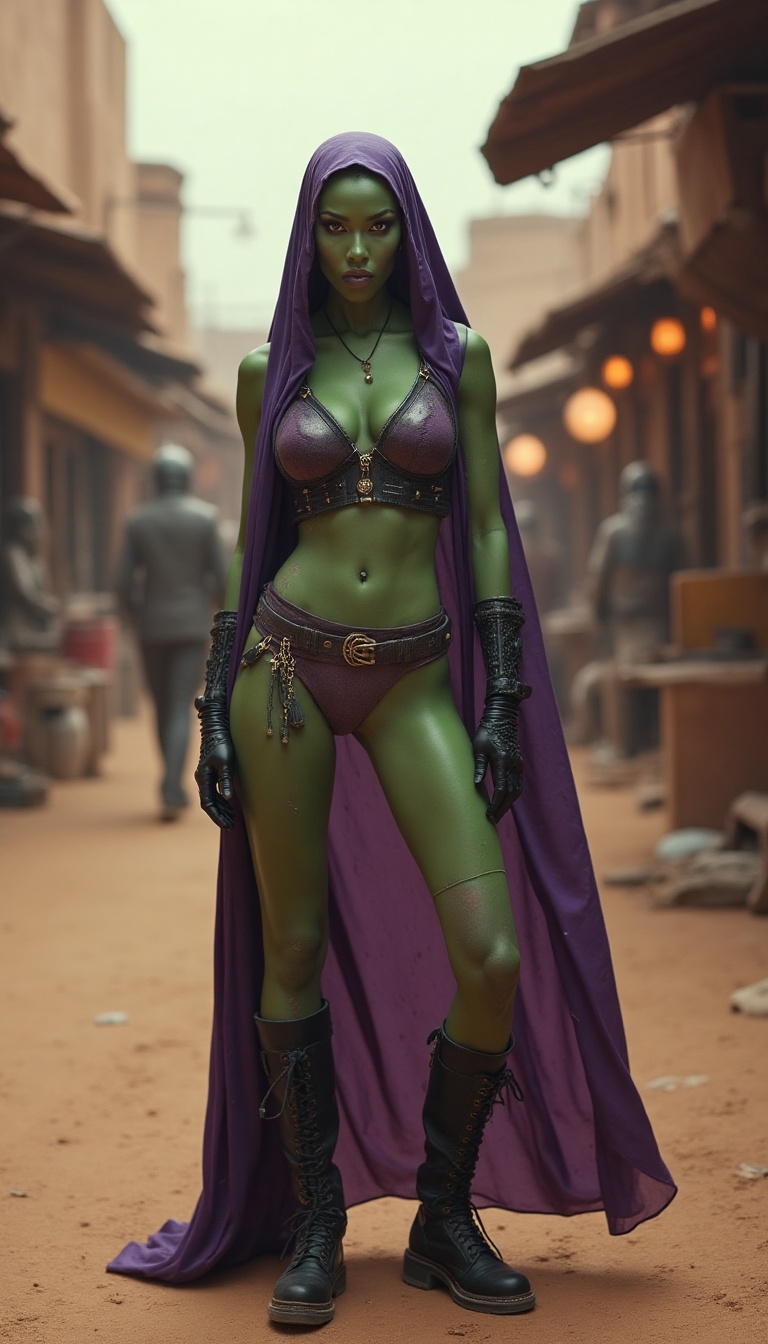 A stunningly beautiful Twi'lek woman stands confidently in the bustling market of Tatooine, wearing a form-fitting and slightly revealing combat outfit accentuated by sleek black combat boots, perfect for her role as a Rebel Spy. Her green skin contrasts dramatically with her flowing, luminescent purple lekku, framing her face adorned with striking makeup that emphasizes her big, expressive eyes. The chaotic backdrop of moisture vaporators and Adobe structures showcases the rustic beauty of the desert planet, adding to her mystique. She is standing facing the camera, showing her body from head to toe. Her big beautiful expressive eyes are looking straight at you. Straight-on shot. Frontal shot. Direct address or direct-to-camera shot.