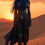 On the wind-swept desert dunes of Tatooine, a striking Chiss woman stands confidently against the backdrop of a vibrant sunset. She is clad in a form-fitting armored outfit in dark blue and black, the sleek lines of her attire accentuated by her fitted boots that gleam in the dimming light. Her long hair flows elegantly, cascading in soft waves down her back, complemented by a striking blue hue that matches her skin. The intricate patterns of ancient Sith symbols etched into the sand around her hint at her pursuits as a relic hunter. She is standing facing the camera, showing her body from head to toe. Her big beautiful expressive eyes are looking straight at you. Straight-on shot. Frontal shot. Direct address or direct-to-camera shot. Star Wars. The Old Republic Era in the Star Wars universe.