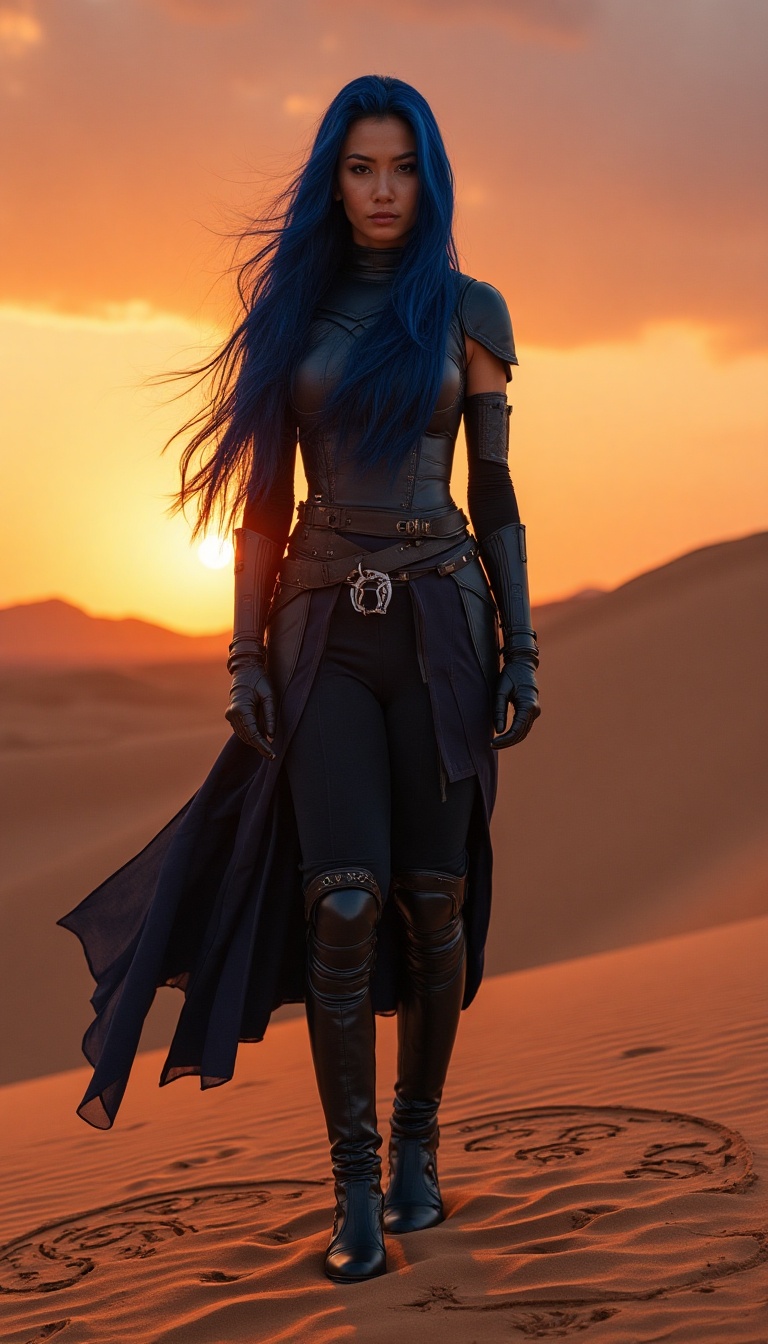 On the wind-swept desert dunes of Tatooine, a striking Chiss woman stands confidently against the backdrop of a vibrant sunset. She is clad in a form-fitting armored outfit in dark blue and black, the sleek lines of her attire accentuated by her fitted boots that gleam in the dimming light. Her long hair flows elegantly, cascading in soft waves down her back, complemented by a striking blue hue that matches her skin. The intricate patterns of ancient Sith symbols etched into the sand around her hint at her pursuits as a relic hunter. She is standing facing the camera, showing her body from head to toe. Her big beautiful expressive eyes are looking straight at you. Straight-on shot. Frontal shot. Direct address or direct-to-camera shot. Star Wars. The Old Republic Era in the Star Wars universe.
