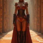 In the vibrant halls of the Jedi Temple on Coruscant, a stunning Togruta woman exudes grace in her form-fitting Jedi robes, featuring a high collar and revealing shoulder detailing. Her vibrant montrals rise majestically atop her head, and her sleek leather boots hug her athletic calves. The temple's elegant architecture enhances her beauty, with soft, glowing lights casting ethereal shadows on the smooth, durasteel surfaces surrounding her as she poses confidently among ancient texts and holoprojectors. Star Wars High Republic Era. She is standing facing the camera, showing her body from head to toe. Her big beautiful expressive eyes are looking straight at you. Straight-on shot. Frontal shot. Direct address or direct-to-camera shot.