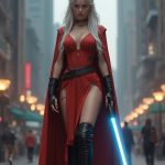 On the bustling streets of Coruscant, a stunning Togruta woman stands tall in form-fitting Jedi robes that accentuate her hourglass figure, coupled with sleek, athletic boots designed for agility. Her vibrant montrals curve elegantly above her long, flowing white hair, and her deep blue lightsaber hums softly at her side. Surrounding her are the majestic skyscrapers of the High Republic era, reflecting both the technological advancement and the vibrant life of the metropolis. She poses confidently, ready to defend the peace of the galaxy, showcasing the strength and elegance of a Jedi Knight. She is standing facing the camera, showing her body from head to toe. Her big beautiful expressive eyes are looking straight at you. Straight-on shot. Frontal shot. Direct address or direct-to-camera shot. Star Wars. Star Wars universe during the High Republic Era.