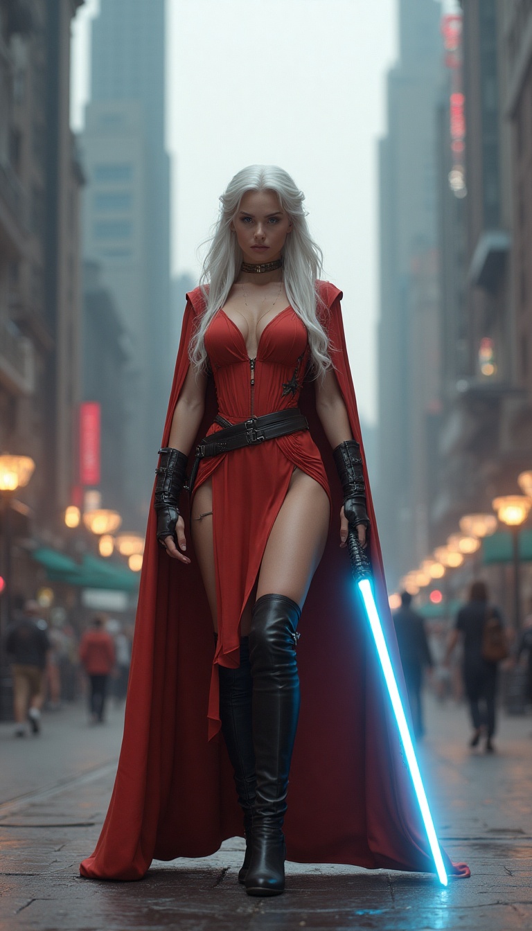 On the bustling streets of Coruscant, a stunning Togruta woman stands tall in form-fitting Jedi robes that accentuate her hourglass figure, coupled with sleek, athletic boots designed for agility. Her vibrant montrals curve elegantly above her long, flowing white hair, and her deep blue lightsaber hums softly at her side. Surrounding her are the majestic skyscrapers of the High Republic era, reflecting both the technological advancement and the vibrant life of the metropolis. She poses confidently, ready to defend the peace of the galaxy, showcasing the strength and elegance of a Jedi Knight. She is standing facing the camera, showing her body from head to toe. Her big beautiful expressive eyes are looking straight at you. Straight-on shot. Frontal shot. Direct address or direct-to-camera shot. Star Wars. Star Wars universe during the High Republic Era.
