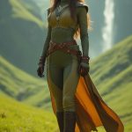 The stunning Togruta woman, a skilled hyperspace route scout, stands confidently on the vibrant green fields of Naboo, her long, flowing montrals adorned with intricate jewelry that glimmers in the sunlight. She wears a sleek, form-fitting outfit designed for deep-space exploration, complemented by snug, stylish boots. The appointment of her attire showcases her hourglass figure while maintaining the Star Wars look, the horizon filled with Naboo's rolling hills and majestic waterfalls in the background, perfectly embodying the elegance of the High Republic Era—Star Wars universe during the High Republic Era. She is standing facing the camera, showing her body from head to toe. Her big beautiful expressive eyes are looking straight at you. Straight-on shot. Frontal shot. Direct address or direct-to-camera shot.