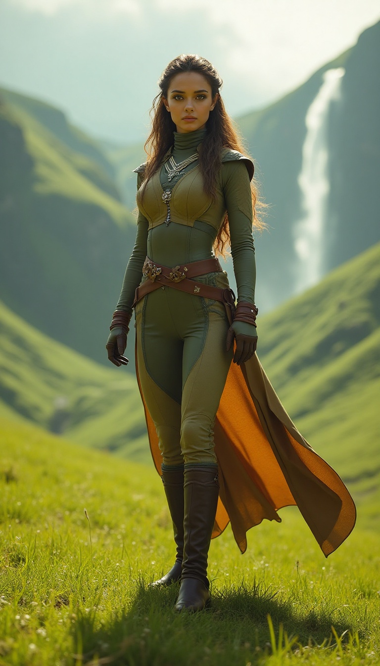 The stunning Togruta woman, a skilled hyperspace route scout, stands confidently on the vibrant green fields of Naboo, her long, flowing montrals adorned with intricate jewelry that glimmers in the sunlight. She wears a sleek, form-fitting outfit designed for deep-space exploration, complemented by snug, stylish boots. The appointment of her attire showcases her hourglass figure while maintaining the Star Wars look, the horizon filled with Naboo's rolling hills and majestic waterfalls in the background, perfectly embodying the elegance of the High Republic Era—Star Wars universe during the High Republic Era. She is standing facing the camera, showing her body from head to toe. Her big beautiful expressive eyes are looking straight at you. Straight-on shot. Frontal shot. Direct address or direct-to-camera shot.