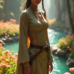 On the lush world of Naboo, a breathtaking Togruta woman stands amidst an expansive garden filled with vibrant flowers and shimmering fountains. She wears form-fitting, slightly revealing Jedi robes that accentuate her athletic figure, paired with sleek, knee-high boots. Her trim head-tails frame a captivating face, while her turquoise eyes sparkle with determination, reflecting her commitment as a Jedi historian. The natural sunlight casts a soft glow on her skin, enhancing the harmonious aesthetic of the High Republic Era. She is standing facing the camera, showing her body from head to toe. Her big beautiful expressive eyes are looking straight at you. Straight-on shot. Frontal shot. Direct address or direct-to-camera shot.
