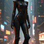 On the bustling upper levels of Coruscant, a striking Togruta businesswoman stands confidently in a sleek, form-fitting, and slightly revealing high-tech outfit, accented with shimmering patterns that reflect the glow of neon advertisements. Her montrals are styled to emphasize her strong presence, and her stylish knee-high boots feature tech-enhanced soles that gleam as she surveys the bustling cityscape below. The backdrop is filled with imposing skyscrapers, their glass façades reflecting the vibrant colors of Coruscant’s nightlife, presenting a picture of a thriving metropolis. She is standing facing the camera, showing her body from head to toe. Her big beautiful expressive eyes are looking straight at you. Straight-on shot. Frontal shot. Direct address or direct-to-camera shot. Star Wars High Republic Era.