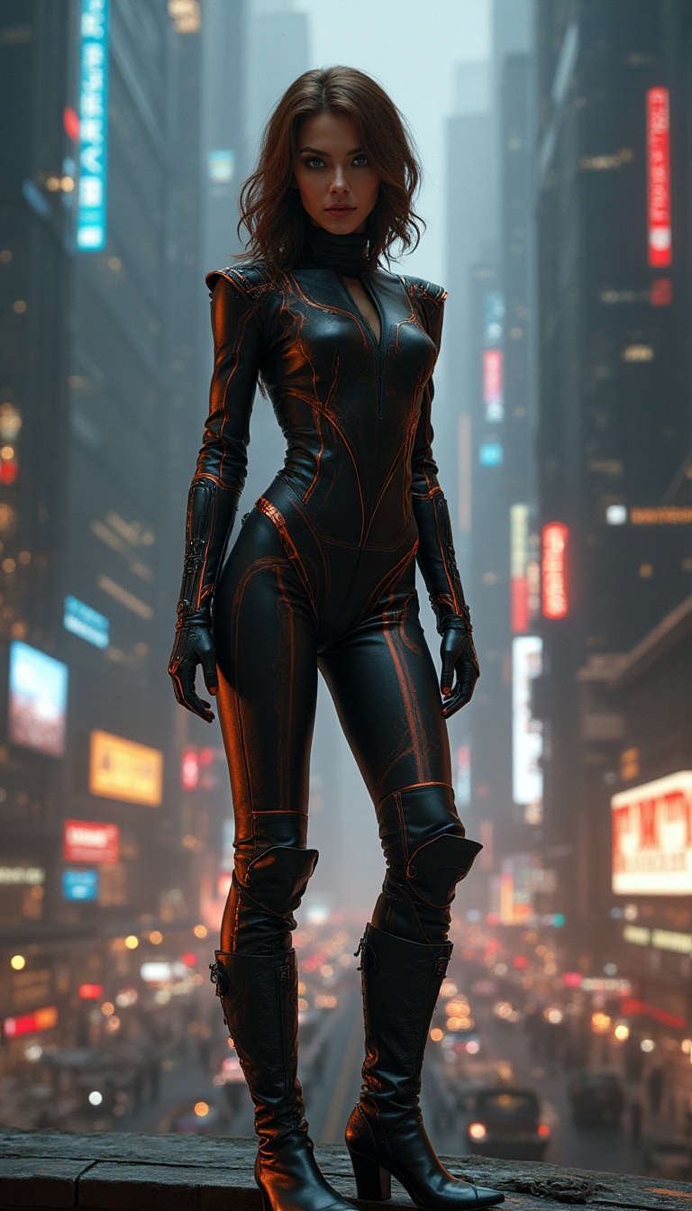 On the bustling upper levels of Coruscant, a striking Togruta businesswoman stands confidently in a sleek, form-fitting, and slightly revealing high-tech outfit, accented with shimmering patterns that reflect the glow of neon advertisements. Her montrals are styled to emphasize her strong presence, and her stylish knee-high boots feature tech-enhanced soles that gleam as she surveys the bustling cityscape below. The backdrop is filled with imposing skyscrapers, their glass façades reflecting the vibrant colors of Coruscant’s nightlife, presenting a picture of a thriving metropolis. She is standing facing the camera, showing her body from head to toe. Her big beautiful expressive eyes are looking straight at you. Straight-on shot. Frontal shot. Direct address or direct-to-camera shot. Star Wars High Republic Era.