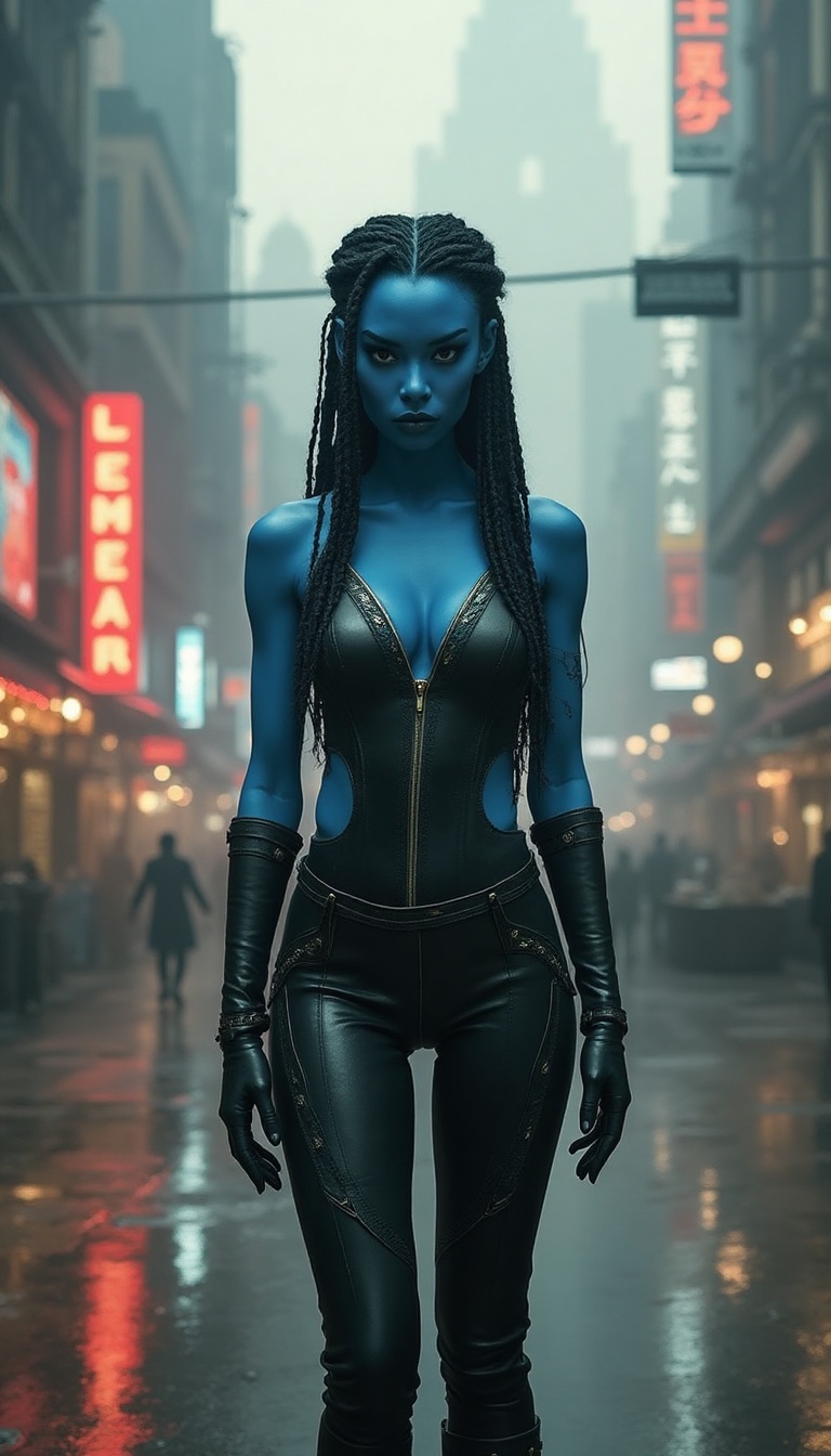 In the bustling streets of Nar Shaddaa, a striking Pantoran woman stands confidently, dressed in a form-fitting, slightly revealing outfit that beautifully hugs her hourglass figure. Her vibrant blue skin contrasts with the muted grays and browns of the smog-filled cityscape behind her, featuring towering industrial structures and flickering neon lights. She wears sleek, durable black boots that complement her look, and her long, flowing hair cascades down her back, styled with intricate braids that emphasize her fierce character. The atmosphere buzzes with a mix of excitement and danger, perfectly encapsulating the essence of a Spice Runner amid the Reign of the Galactic Empire during the Galactic Civil War (19 BBY – 4 ABY). She is standing facing the camera, showing her body from head to toe. Her big beautiful expressive eyes are looking straight at you. Straight-on shot. Frontal shot. Direct address or direct-to-camera shot.