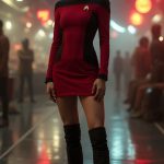 A stunning, high-definition image of a very beautiful female Orion Starfleet officer on the Promenade Deck of Deep Space Nine, wearing a tight, form-fitting crimson miniskirt Starfleet uniform that emphasizes her hourglass figure, with stylish knee-high black boots that accent her athletic legs. She stands confidently as bustling alien markets and glowing neon signs form a vivid backdrop, with atmospheric moody lighting that enhances the allure of her radiant emerald skin, capturing the vibrant essence of the Star Trek universe during the TNG / DS9 / VOY era. She is standing facing the camera, showing her body from head to toe. Her big beautiful expressive eyes are looking straight at you. Straight-on shot. Frontal shot. Direct address or direct-to-camera shot.