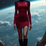 A stunning, high-definition image of a very beautiful Starfleet Deltan woman on Starbase One (Earth Orbit), wearing a tight, form-fitting crimson miniskirt Starfleet uniform with stylish knee-high black boots, highlighting her alluring hourglass figure. The backdrop features the immense curvature of Earth visible through the station's massive glass domes, with moody cinematic lighting that amplifies the futuristic aesthetic of the TNG/DS9/VOY era. She is standing facing the camera, showing her body from head to toe. Her big beautiful expressive eyes are looking straight at you. Straight-on shot. Frontal shot. Direct address or direct-to-camera shot.