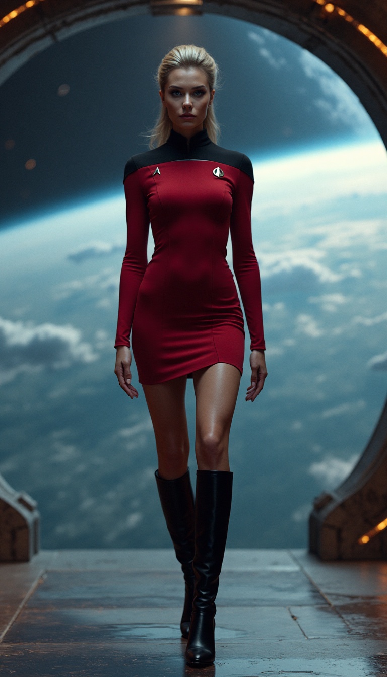 A stunning, high-definition image of a very beautiful Starfleet Deltan woman on Starbase One (Earth Orbit), wearing a tight, form-fitting crimson miniskirt Starfleet uniform with stylish knee-high black boots, highlighting her alluring hourglass figure. The backdrop features the immense curvature of Earth visible through the station's massive glass domes, with moody cinematic lighting that amplifies the futuristic aesthetic of the TNG/DS9/VOY era. She is standing facing the camera, showing her body from head to toe. Her big beautiful expressive eyes are looking straight at you. Straight-on shot. Frontal shot. Direct address or direct-to-camera shot.