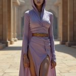 At the Jedi Temple on Coruscant, a stunning Twi'lek Padawan stands confidently in a form-fitting and slightly revealing Padawan outfit, the elegant fabric hugging her athletic figure. Her lavender lekku elongate her neck, accentuating her beauty, while stylish knee-high boots lend a touch of chicness. The temple's grand architecture looms in the background, highlighting the blend of tradition and rebellion in the galaxy during the Galactic Empire's reign. She is standing facing the camera, showing her body from head to toe. Her big beautiful expressive eyes are looking straight at you. Straight-on shot. Frontal shot. Direct address or direct-to-camera shot.