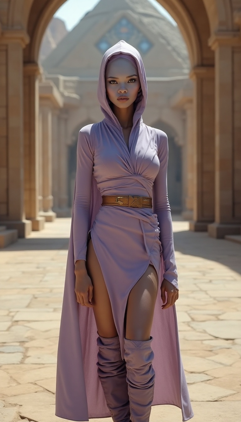 At the Jedi Temple on Coruscant, a stunning Twi'lek Padawan stands confidently in a form-fitting and slightly revealing Padawan outfit, the elegant fabric hugging her athletic figure. Her lavender lekku elongate her neck, accentuating her beauty, while stylish knee-high boots lend a touch of chicness. The temple's grand architecture looms in the background, highlighting the blend of tradition and rebellion in the galaxy during the Galactic Empire's reign. She is standing facing the camera, showing her body from head to toe. Her big beautiful expressive eyes are looking straight at you. Straight-on shot. Frontal shot. Direct address or direct-to-camera shot.