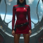 A stunning, high-definition image of a very beautiful Starfleet Klingon woman on Starbase One, wearing a tight, form-fitting crimson miniskirt Starfleet uniform with stylish knee-high black boots. The uniform hugs her hourglass figure, emphasizing her athletic legs and confident demeanor as she poses against the backdrop of Earth visible through the massive glass domes of the station, the atmosphere filled with moody cinematic lighting that enhances the immersive sci-fi world. Star Trek Post-Nemesis / Late 24th Century. She is standing facing the camera, showing her body from head to toe. Her big beautiful expressive eyes are looking straight at you. Straight-on shot. Frontal shot. Direct address or direct-to-camera shot.