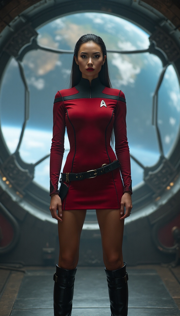 A stunning, high-definition image of a very beautiful Starfleet Klingon woman on Starbase One, wearing a tight, form-fitting crimson miniskirt Starfleet uniform with stylish knee-high black boots. The uniform hugs her hourglass figure, emphasizing her athletic legs and confident demeanor as she poses against the backdrop of Earth visible through the massive glass domes of the station, the atmosphere filled with moody cinematic lighting that enhances the immersive sci-fi world. Star Trek Post-Nemesis / Late 24th Century. She is standing facing the camera, showing her body from head to toe. Her big beautiful expressive eyes are looking straight at you. Straight-on shot. Frontal shot. Direct address or direct-to-camera shot.