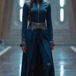 In the grand Jedi Temple on Coruscant, a stunning Mirialan woman exudes confidence in her sleek, form-fitting outfit that highlights her hourglass figure. Her navy blue tunic, adorned with silver embroidery, hugs her curves beautifully, while polished boots elevate her look. She stands against the high-tech backdrop of the temple, where advanced composites and glass reflect the vibrant energy of the Jedi Order. Her hair is styled in an elegant braid that cascades down her back, adding a touch of sophistication to her presence, embodying the aesthetics of the Star Wars universe during the Reign of the Galactic Empire / Galactic Civil War era. She is standing facing the camera, showing her body from head to toe. Her big beautiful expressive eyes are looking straight at you. Straight-on shot. Frontal shot. Direct address or direct-to-camera shot.