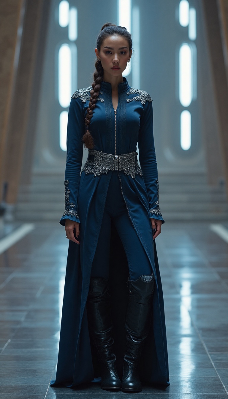 In the grand Jedi Temple on Coruscant, a stunning Mirialan woman exudes confidence in her sleek, form-fitting outfit that highlights her hourglass figure. Her navy blue tunic, adorned with silver embroidery, hugs her curves beautifully, while polished boots elevate her look. She stands against the high-tech backdrop of the temple, where advanced composites and glass reflect the vibrant energy of the Jedi Order. Her hair is styled in an elegant braid that cascades down her back, adding a touch of sophistication to her presence, embodying the aesthetics of the Star Wars universe during the Reign of the Galactic Empire / Galactic Civil War era. She is standing facing the camera, showing her body from head to toe. Her big beautiful expressive eyes are looking straight at you. Straight-on shot. Frontal shot. Direct address or direct-to-camera shot.