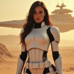 A confident female STORMTROOPER dons form-fitting and slightly revealing white armor, the pieces expertly molded to accentuate her hourglass figure, paired with sleek black boots. She stands in the bustling desert city of Jedha, the sun casting a warm glow on the sand-stone architecture behind her. The imposing silhouette of a Star Destroyer hovers in the sky, reinforcing the weight of the Galactic Empire's presence in this ancient pilgrimage city. Her long dark hair falls elegantly in soft waves, framing her striking face as she confidently surveys the horizon, embodying the fierce beauty and strength found in the Star Wars universe during the Reign of the Galactic Empire / Galactic Civil War era. She is standing facing the camera, showing her body from head to toe. Her big beautiful expressive eyes are looking straight at you. Straight-on shot. Frontal shot. Direct address or direct-to-camera shot.