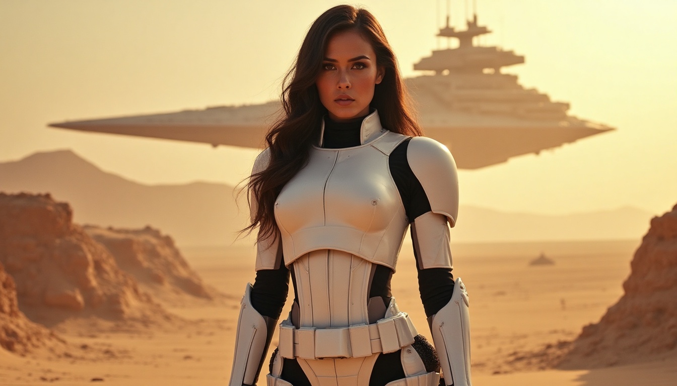 A confident female STORMTROOPER dons form-fitting and slightly revealing white armor, the pieces expertly molded to accentuate her hourglass figure, paired with sleek black boots. She stands in the bustling desert city of Jedha, the sun casting a warm glow on the sand-stone architecture behind her. The imposing silhouette of a Star Destroyer hovers in the sky, reinforcing the weight of the Galactic Empire's presence in this ancient pilgrimage city. Her long dark hair falls elegantly in soft waves, framing her striking face as she confidently surveys the horizon, embodying the fierce beauty and strength found in the Star Wars universe during the Reign of the Galactic Empire / Galactic Civil War era. She is standing facing the camera, showing her body from head to toe. Her big beautiful expressive eyes are looking straight at you. Straight-on shot. Frontal shot. Direct address or direct-to-camera shot.