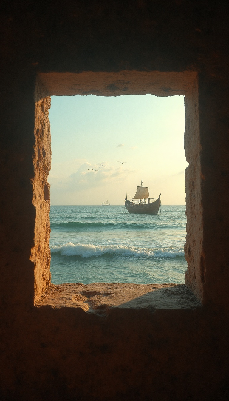 At dawn, the hazy light filters through a tiny square glass window, revealing a sliver of the Indian Ocean beyond, where tranquil waves lap against a wooden dhoni. The edges of the frame are weathered, suggesting ages of stories. Outside, a flock of seabirds glides through the cobalt sky, their cries echoing in the stillness. The air is infused with the scent of salt and spices, momentarily blurring the lines of reality for the dreamer inside.