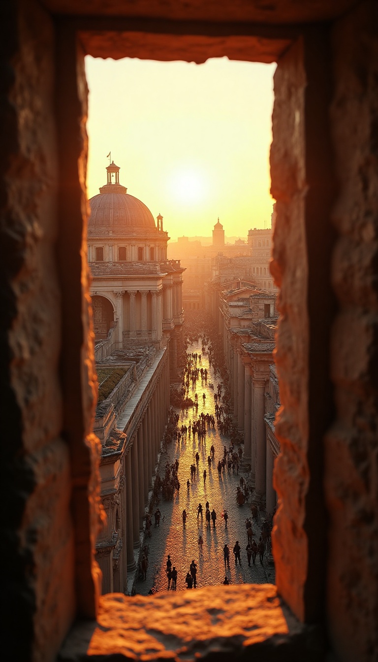 A narrow view from a tiny, wooden window illuminated by the golden glow of dawn. The rough-hewn edges of the frame creak slightly as the warm breeze filters through, bringing with it the distant sounds of bustling Rome. Below, cobblestone streets emerge from the shadows, and a glimpse of the Forum can be seen, adorned in the early morning light. Vividly colored banners flutter above and the silhouettes of citizens begin to stir, turning the serene ambiance into a promise of the day’s frenzied activities.