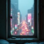 Tiny, fogged-up window in a cramped bedroom overlooking a rain-soaked Neo-Tokyo. Outside, flickering neon signs cast vibrant reflections on the slick pavement below. Droplets slide down the glass, distorting the busy world of towering skyscrapers. The scene evokes a dance of colors blending into shadows, with faint hums of drones in the distance, capturing a sense of connection amidst isolation.