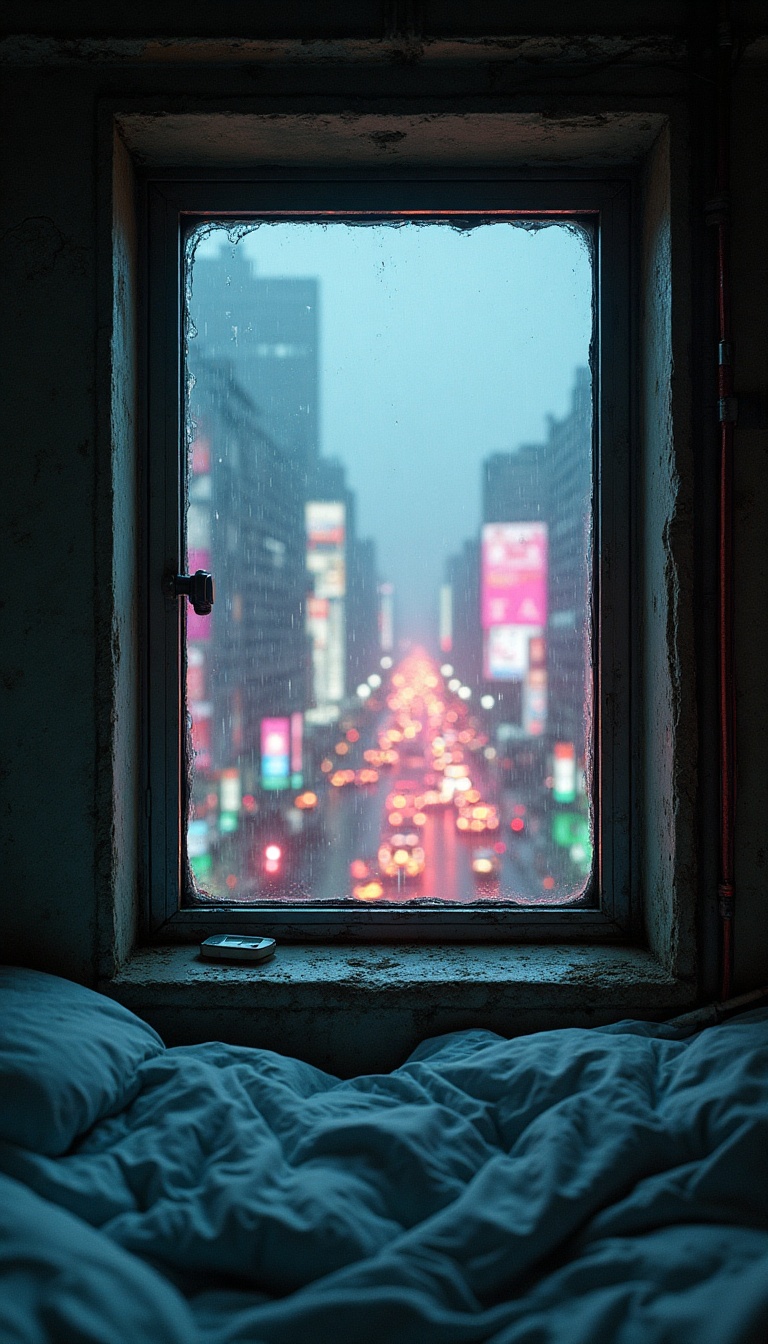 Tiny, fogged-up window in a cramped bedroom overlooking a rain-soaked Neo-Tokyo. Outside, flickering neon signs cast vibrant reflections on the slick pavement below. Droplets slide down the glass, distorting the busy world of towering skyscrapers. The scene evokes a dance of colors blending into shadows, with faint hums of drones in the distance, capturing a sense of connection amidst isolation.