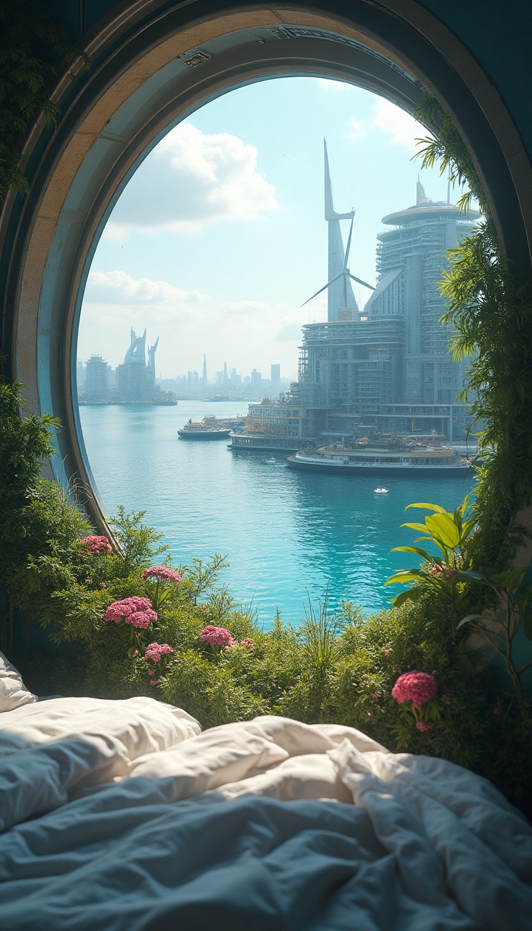 The dim light of dawn spills through a small, circular window, illuminating the cozy confines of Jarek’s bedroom. Outside, a breathtaking panorama unfolds, revealing the ethereal beauty of a floating city. Sleek, polished platforms hover serenely above the cobalt depths of the Pacific Ocean, gleaming as they catch the first rays of sunlight. Structures made of sleek metals and transparencies interweave with vibrant bioluminescent gardens, creating an enchanting sight against the morning sky where faint clouds gently drift. The air carries a refreshing scent of saltwater and promise, hinting at a new day—or a new challenge.