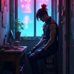 A narrow bedroom in a cramped living space reveals a simple window framed by peeling paint. The faint glow of neon lights from outside filters through, illuminating motes of dust suspended in the air. Kaito's organized yet cluttered workbench is visible nearby, tools neatly arranged but smeared with grease. Beneath the window, a small potted plant thrives against the odds, contrasting the gritty surroundings. Sounds of the bustling city drift in, a medley of laughter, engine roars, and sizzling street food, creating an atmosphere of vibrant life spilling outside.