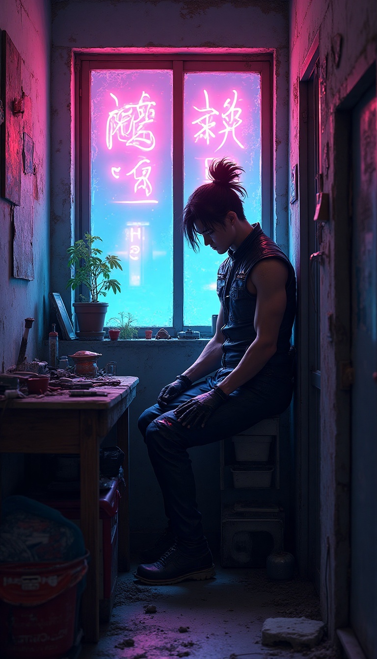 A narrow bedroom in a cramped living space reveals a simple window framed by peeling paint. The faint glow of neon lights from outside filters through, illuminating motes of dust suspended in the air. Kaito's organized yet cluttered workbench is visible nearby, tools neatly arranged but smeared with grease. Beneath the window, a small potted plant thrives against the odds, contrasting the gritty surroundings. Sounds of the bustling city drift in, a medley of laughter, engine roars, and sizzling street food, creating an atmosphere of vibrant life spilling outside.