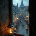 The camera focuses on a tiny square glass window set high within a quaint cottage bedroom. The view reveals a tempestuous night in Flanders, the dark clouds swirling ominously above cobblestone streets slick with moisture. Flickering lanterns illuminate the square below, revealing townsfolk milling about, their figures obscured by shadowy outlines. Raindrops run down the windowpane, distorting the view and adding a melancholic ambiance to the scene.